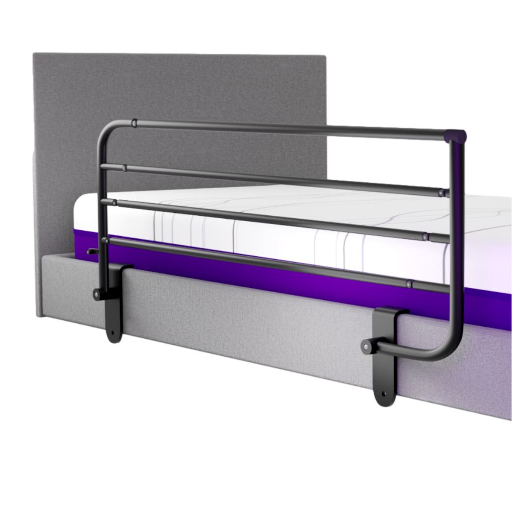The iCare Medical Bed Safety Rails provide bedside support and fall prevention for gray upholstered beds with a mattress featuring a purple stripe, featuring a sturdy black metal high side rail design.